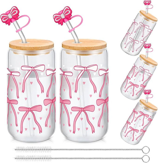 Skylety 2 Pcs Color Changing Glass Cups, 16 oz Cute Coquette Pink Bow Iced Coffee Tumblers with Lids and Straws Reusable Drinking Glasses Jars Cute Gifts for Girls