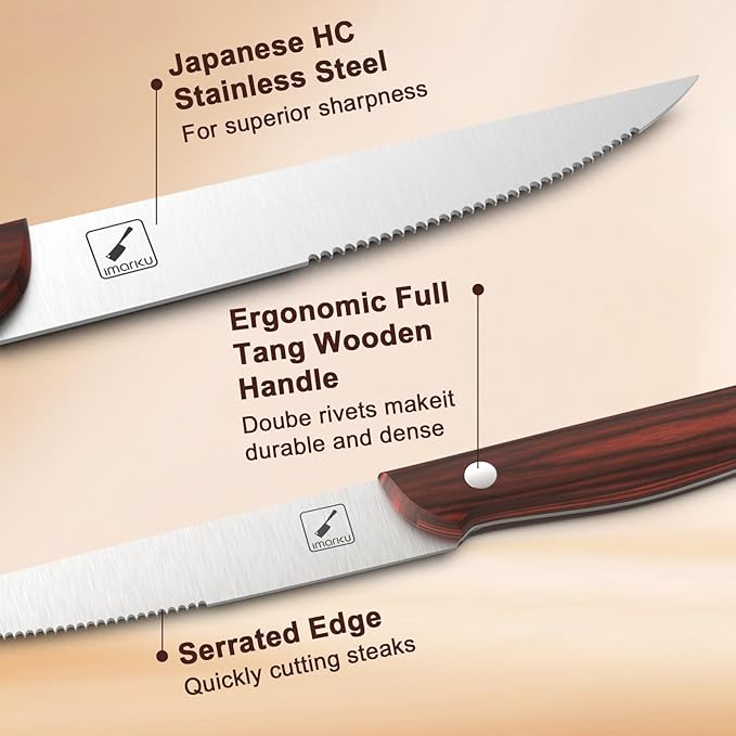 imarku Steak Knives Set of 6, 9-Inch Serrated Steak Knife Set, Japanese High Carbon Stainless Steel, Razor-Sharp Blades with Gift Box