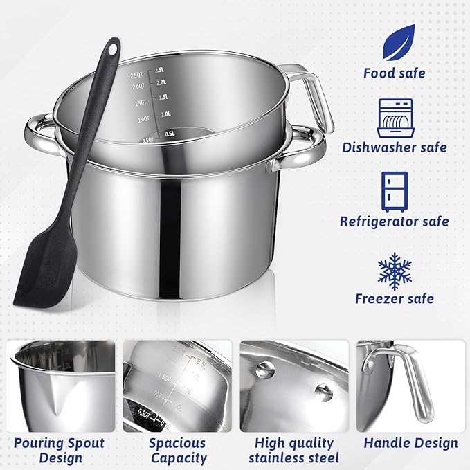 3-Piece Double Boiler, Chocolate Melting Pot Set Include 2500ml/2.3QT Mixing Bowl and 4000ml/3.63qt Stainless Steel Pot, Silicone Spatula, For Candy, Soap Wax Candle Making Supplies, Induction Safe