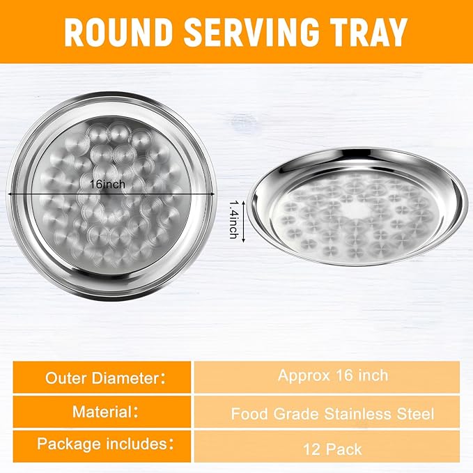12 Pack Stainless Steel Round Serving Tray with Swirl Pattern Bulk Large Round Tray Silver Metal Display Serving Platter for Coffee Party Club Home (16 Inch)