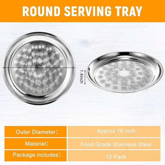 12 Pack Stainless Steel Round Serving Tray with Swirl Pattern Bulk Large Round Tray Silver Metal Display Serving Platter for Coffee Party Club Home (16 Inch)