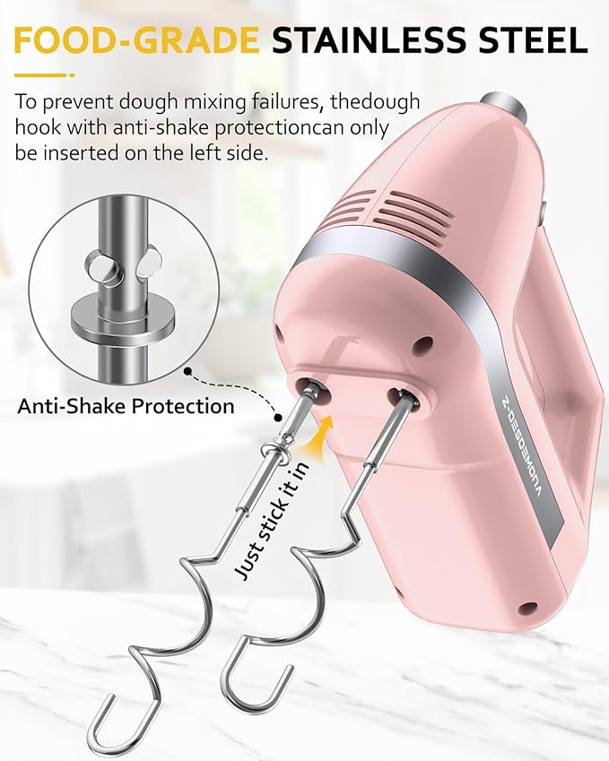 Z-DESDEMONA Electric Hand Mixer, Powerful 300W Hand Mixer Electric Handheld with 304 Beaters, Dough Hook,Hand Held Mixer with Turbo for Baking Cakes, Eggs, Cream Food(Pink)