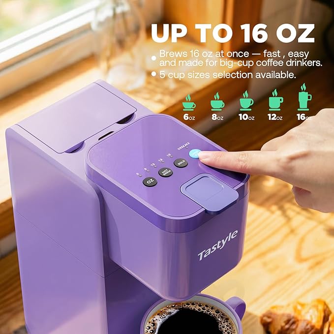 Tastyle Single Serve Coffee Maker Hot and Iced with Bold Brew, Small Coffee Machine for K Cup and Ground, Fits 7.3'' Travel Mug, Brews up to 16 Oz, 5 Cup Sizes, Compact for Office, RV& Hotel, Purple