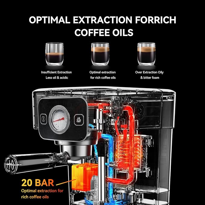 TINTALK Espresso Machine 20 Bar with Steam Milk Frother, Stainless Steel Coffee Machine with Removable Water Tank for Cappuccino,Latte, Compact Stainless Steel Coffee maker for home,Great Gift