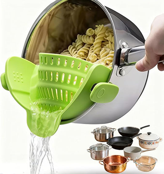 Universal Clip On Pot Strainer - Heat Resistant Silicone Snap-on Drainer & Colander for Pasta, Grease & Vegetables, Hands-Free Kitchen Gadget for Pans & Bowls, Space-Saving & Dishwasher Safe