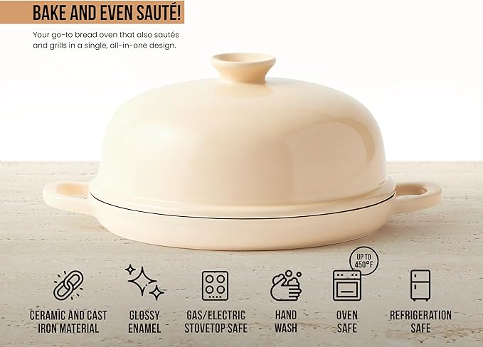 Kook Bread Oven, with Lid and Handles, Enameled Cast Iron Pan and Ceramic Lid, For Baking, Cooking, Roasting and more, Ivory