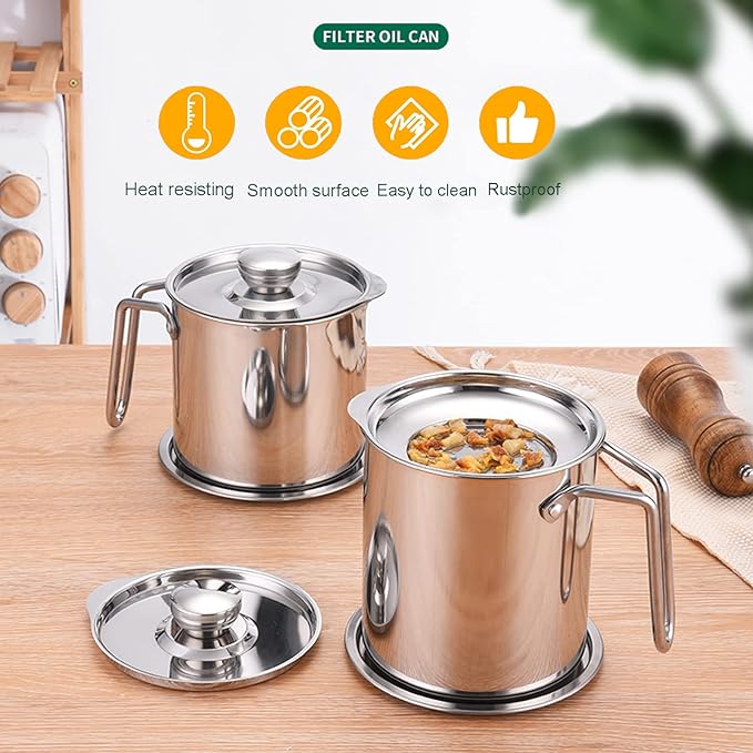 DIY HOME Bacon Grease Container, 1.8L / 61fl oz Cooking Oil Storage Strainer Oil Filter with Fine Mesh Strainer 304 Stainless Steel Grease Can for Kitchen Fat Storage