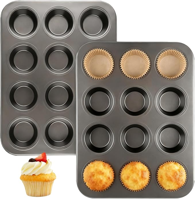 Artcochan 2 Pack Muffin Pan Set,12 Cup Nonstick Carbon Steel Cupcake Pan with 100 Liners,Standard Muffin Tin for Cupcakes and Baking Supplies