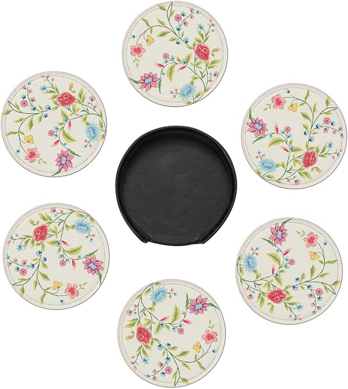 Spring Floral Leather Drink Coasters Set of 6 with Holder Round Cup Coaster for Table Decor