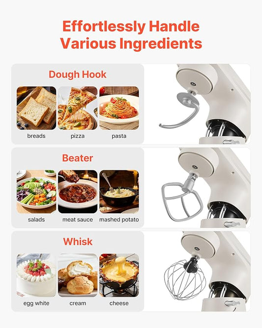 VEVOR Stand Mixer, 6 QT Dough Mixer, 660W 6 + P Speeds Tilt-head Food Mixer with Stainless Steel Bowl, Dough Hook, Wire Whip, Flat Beater, Scraper, Household Stand Mixer for Baking & Mixing, White