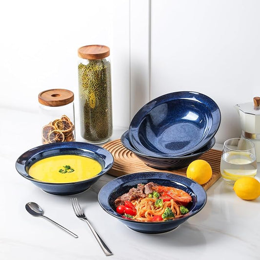 vicrays Wide Rim Soup Bowls - 27oz Ceramic Pasta Plates Bowl Set of 4 for Gumbo Salad Spaghetti Dipping Bread Dishes Home Restaurant Use - Microwave Dishwasher Oven Safe - Blue