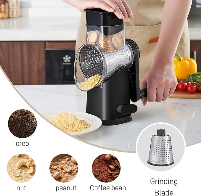 Rotary Cheese Grater with 4 Blades, Large Hand Crank Cheese Grater with Waffle Slicer, Black and White Cheese Slicer with Suction Base, Easier for Shredding& Grating (black, 4 Graters)