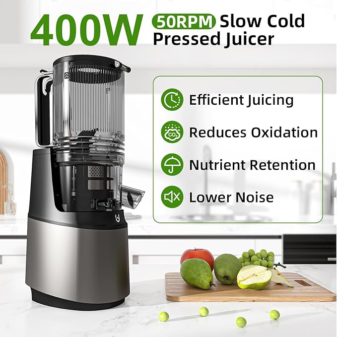 EanOruus Cold Press Juicer, 5.8" Wide Feed Chute Juice Extractor Machine with 400W, High Juice Yield, Slow Masticating Juicer for Whole Vegetables & Fruits, Grey