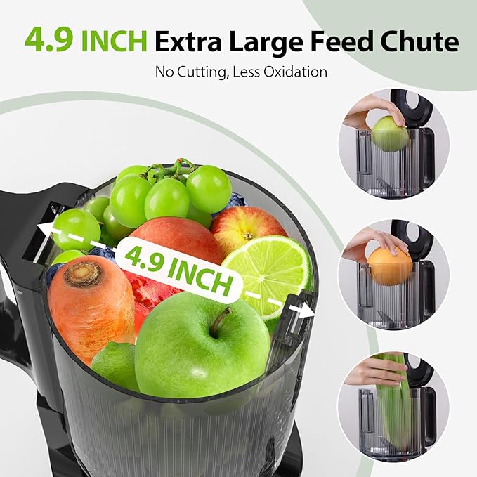 Cold Press Juicer，Aeitto 4.9" Large Feed Chute Juicer Machines for Whole Fruits & Vegetables,High Juice Yield,Professional Masticating juicer Easy to Clean,Grey