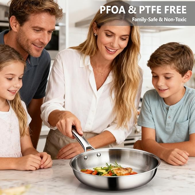 VINGLI 8'' 10'' 12'' Stainless Steel Frying Pan Set, Tri-Ply Skillets Set with Lids, Non-Toxic Chef's Pan, PFOA & PTFE Free, Compatible for All Cooktops, Dishwasher & Oven Safe (5-Pcs Skillets Set)