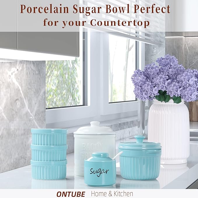 ONTUBE Ceramic Sugar Bowl with Lid and Spoon,Porcelain Sugar Pot,8oz (Turquoise)