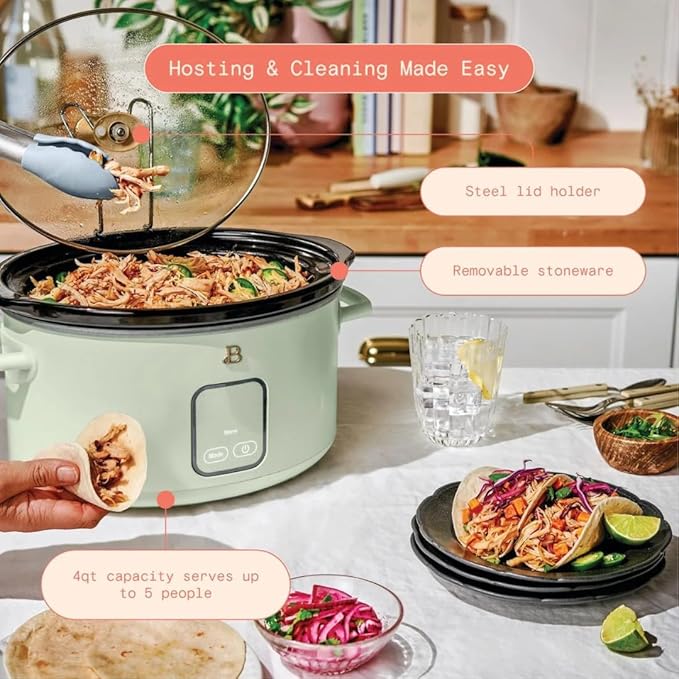 Beautiful 4-Quart Slow Cooker with Touch-Activated Display, Programmable Digital Controls, Removable Non-Stick Pot, Keep Warm Function, by Drew Barrymore (Sage Green)