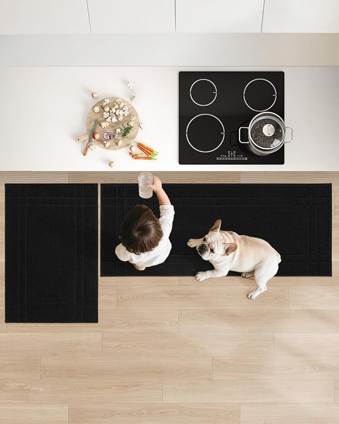 JSEI Kitchen Mats for Floor, Non-Slip Kitchen Rugs, Soft Washable Absorbent Kitchen Mats 2 PCS, Kitchen Runner Rug with TPR Backing, Polyester, 24"x36"+24"x60", Black