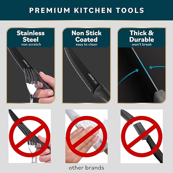 Home Hero Steak Knife Set - Nonstick Serrated Steak Knives - Stainless-Steel Kitchen Knife Set - Ergonomic TPR Handles for Precision Meat Carver - 6-Pc Set, Black