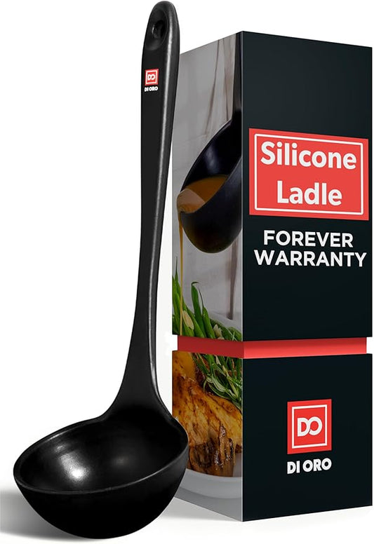 DI ORO Silicone Ladle – Soup Ladle for Cooking & Serving Heat-Resistant - Large Kitchen Soup Ladle Nonstick Cookware Safe - Soup Serving Spoon with Wide Bowl - Silicone Utensil Dishwasher Safe (Black)