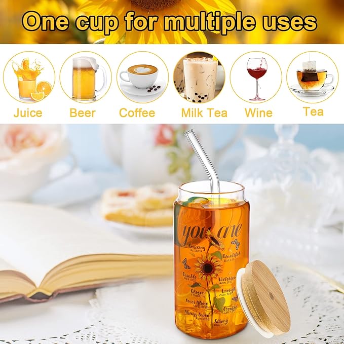 Lallisa Christian Sunflower Gifts for Women 15 oz Iced Coffee Glass Cups with Bamboo Lid and Straw Inspirational Bible Verse Can Cups Religious Sunflower Drinking Jars for Beer Mom Her Friend Wife