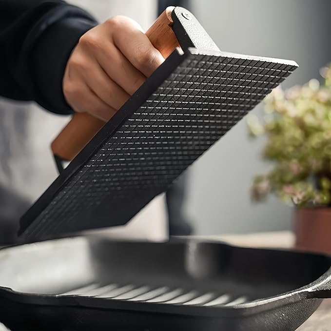 Cast Iron Grill & Bacon Press, Family-Sized Rectangle Smash Burger Press with Wood Handle, 2.4LB Heavy Duty Weight for Indoor/Outdoor Cooking, Creates Perfect Grill Marks Every Time