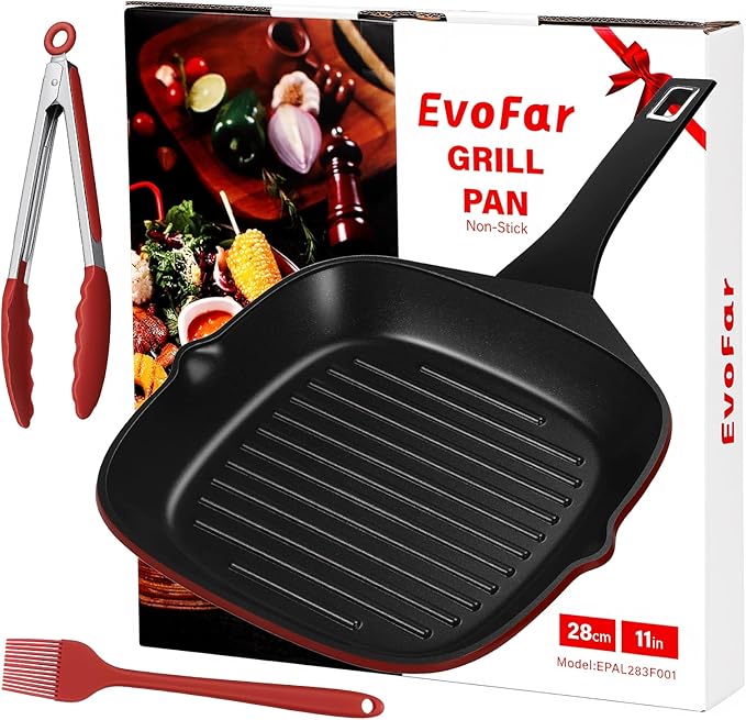 EvoFar 11 Inch Nonstick Grill Pan, Square Large Grilling Skillet Steak Pan for Stove Tops, Granite Coating Grill Skillet with Pour Spouts, PTFE & PFOA Free, Durable Grilling Pan for Indoor & Outdoor