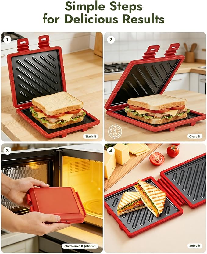 Metal-Enhanced Microwave Sandwich Press - Quick 4-Minute Panini, Grilled Cheese Maker, Detachable for Easy Cleaning, Includes Brush