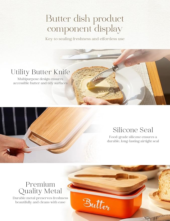 Butter Dish, Butter Dish with Lid for Countertop,Metal Butter Keeper with Stainless Steel Multipurpose Butter Knife, Large Butter Container with quality Silicone Good Kitchen Gift,Orange