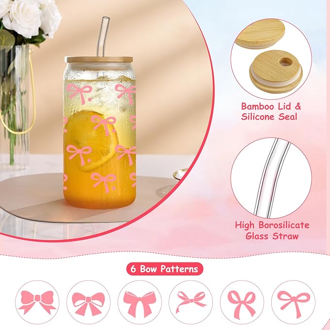 Pink Bow Glass Cups with Lids and Straws, 6 Pcs 16 OZ Coquette Bow Aesthetic Glass Reusable Iced Coffee Cup Smoothie Tumbler for Girls Women Sister