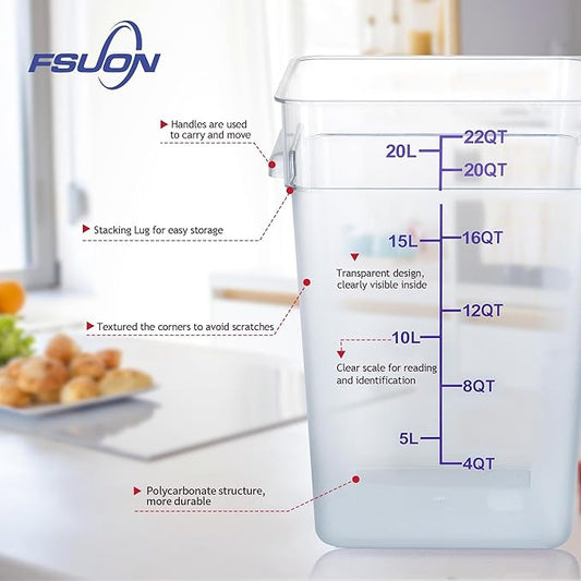 FSUON 4 Pack Clear Food Storage Containers with Lids and Handles Polycarbonate Square Commercial Food Containers, NSF (22Qt)
