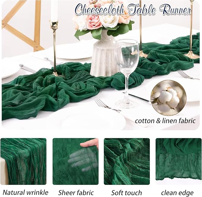 Dark Green Cheesecloth Table Runner 2 Pack 35" Boho Gauze 120 inches Long Runner Rustic Sheer Fabric Bulk for Baby Shower Wedding Bridal Birthday Party Table Decorations