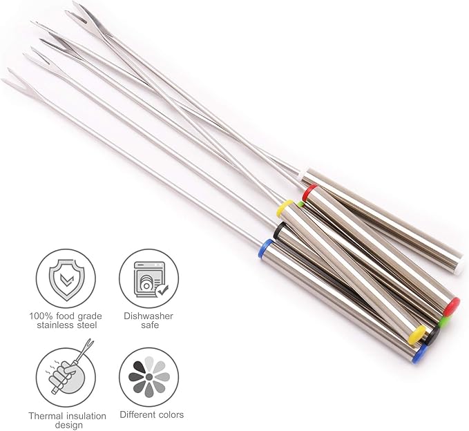 6 PCS Stainless Steel Fondue Forks, 9.5 Inch Color-Coded Cheese Fondue Forks Smores Sticks with Heat Resistant Handle for Chocolate Fountain Cheese Fondue Roast Marshmallows Desserts Fruits