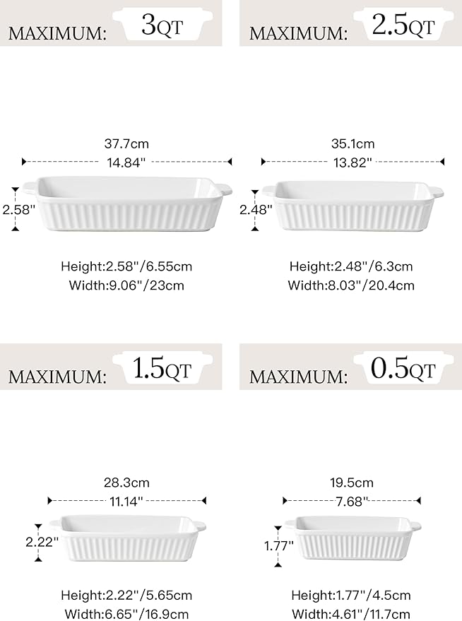 Casserole Dishes for Oven - Ceramic Bakeware Sets of 4, Rectangular Baking Deep Dishes with Handles, Lasagna Pans for Kitchen Cooking & Housewarming, White