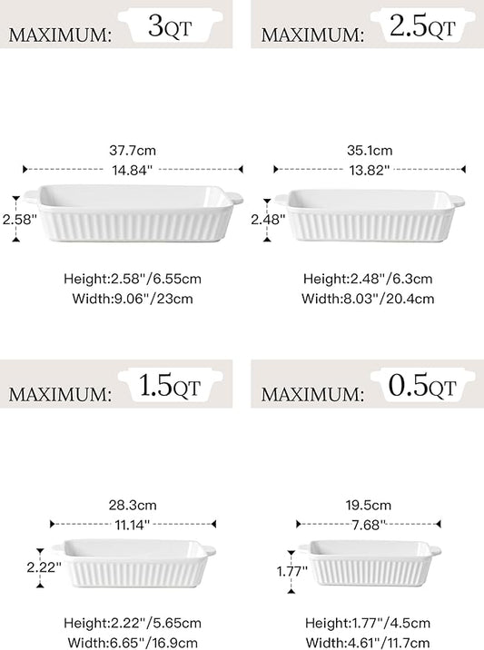 Casserole Dishes for Oven - Ceramic Bakeware Sets of 4, Rectangular Baking Deep Dishes with Handles, Lasagna Pans for Kitchen Cooking & Housewarming, White