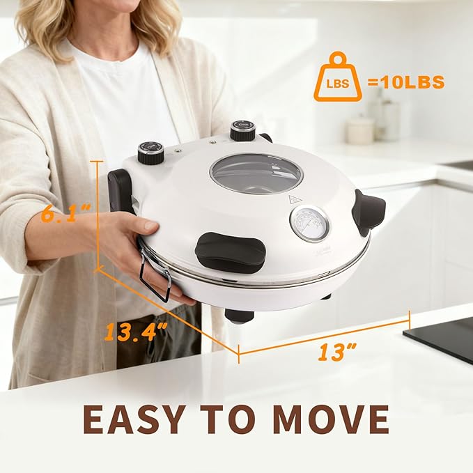 YIBAKE 12" Electric Pizza Oven - Countertop Pizza Maker with Ceramic Stone, Heats up to 800°F, Portable Indoor Pizza Oven for Homemade Pizzas, White