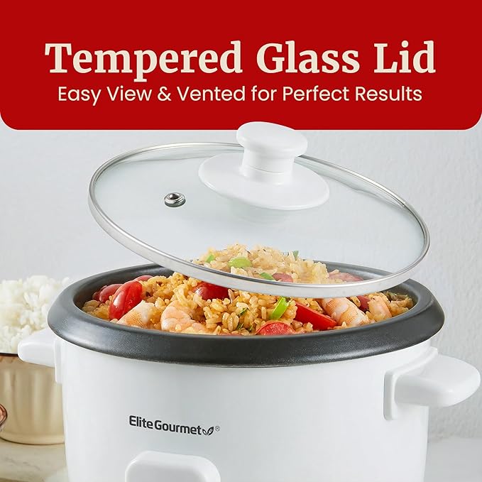 Elite Gourmet Electric Rice Cooker with Steam Tray and Non-Stick Inner Pot Makes Soups, Stews, Grains, Cereals, Keep Warm Feature, 6 Cups Cooked (3 Cups Uncooked), White