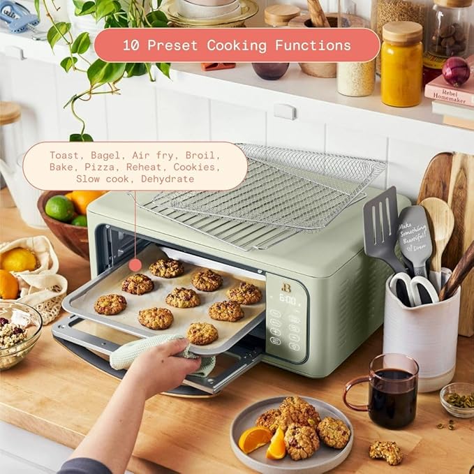 Beautiful by Drew Infrared Air Fry Toaster Oven 1800W with 9-Slice Capacity and Multi-Function Cooking (Sage Green)