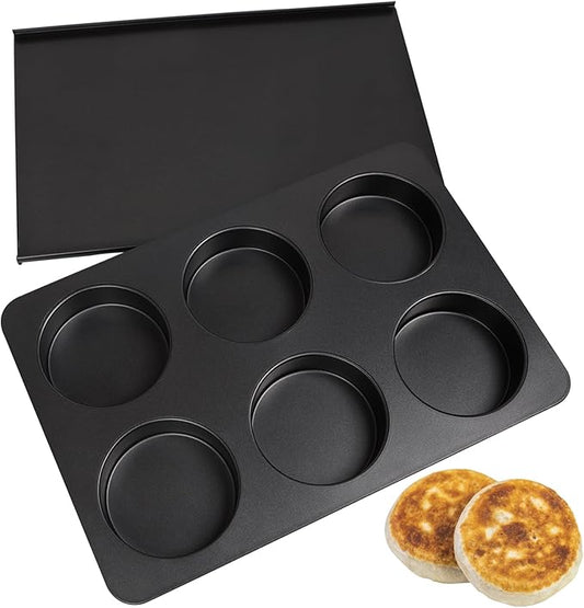 Elesinsoz 6 Cup Straight Side Jumbo English Muffin Cupcake Pan with Lid, Nonstick Hamburger Burger Bun Mold Muffin Pan for Baking Egg Sandwich Frittata Cinnamon Roll Focaccia Quiche Pancake