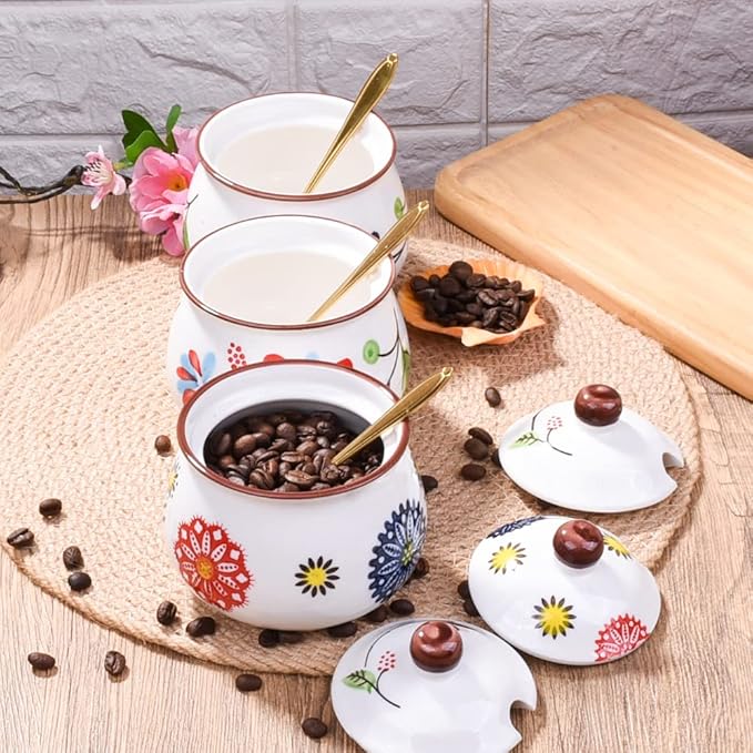 Ceramic Sugar Bowls with Spoons, Salt Jar Seasoning Container with Lid for Home and Kitchen (XYH)