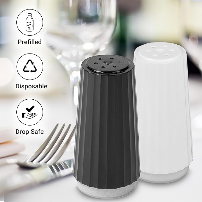Disposable Salt and Pepper Shakers by Global Basics (24)- Plastic Shaker Sets for Parties, Restaurants, Picnics, Cookouts - Prefilled Salt and Pepper Shakers with 4oz. Salt, 1.5oz. Pepper - 24-Pack