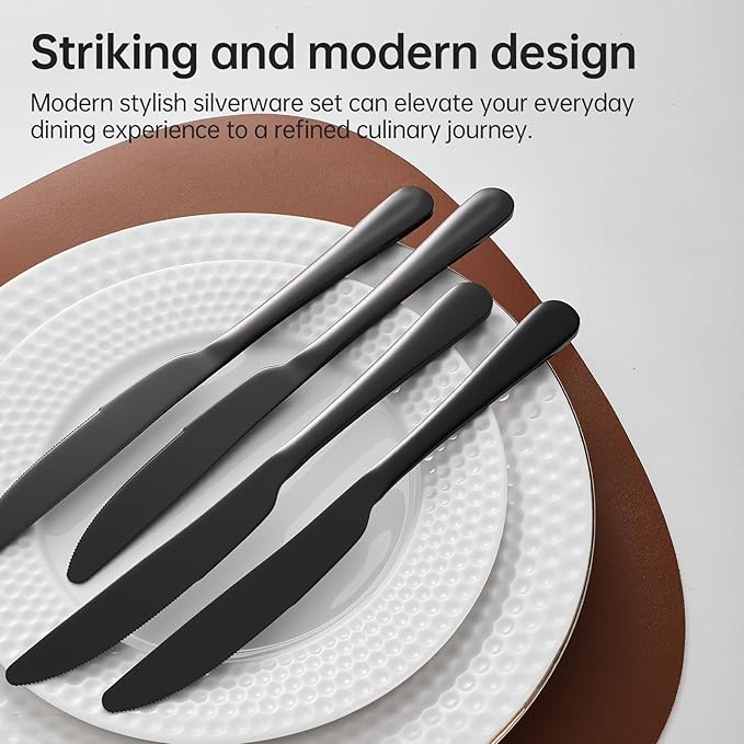 Dinner knives Food-Grade Stainless Steel butter knives set of 6 black knife 9Inch seamless easy to clean Dishwasher Safe (Black)