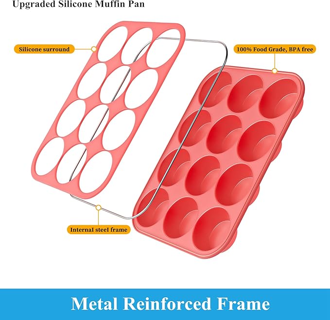 Bangp 2Pack Silicone Muffin Pans for Baking with Metal Reinforced Frame,12 Cup Regular Size Cupcake Pans,Premium Nonstick Food Grade Silicone Muffin Tray for Muffin,Cakes,Tart,Egg Bites
