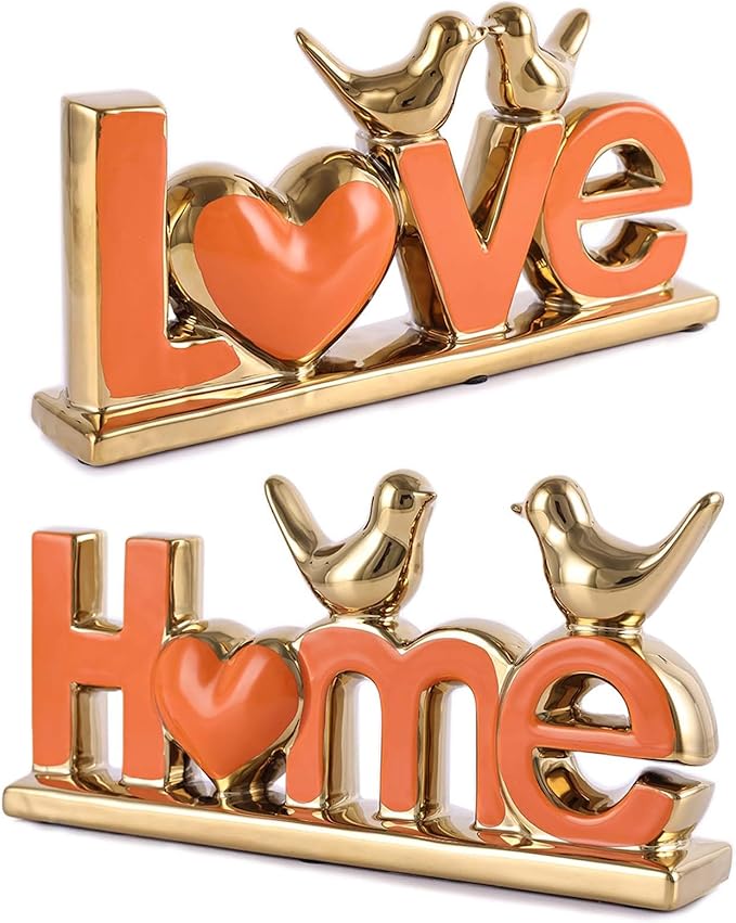 Love Sign Decor,Gold Room Decor Aesthetic, Knick Knack Shelf,Bird Decor, Boho Bookshelf,Abstract Statue,for Living Room,Bedroom, Contemporary Tv Stand Set of 2 (2, Gold Orange)