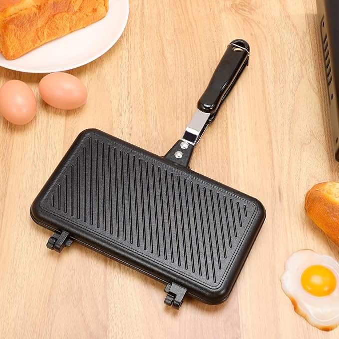 Double- Sided Frying Pan Non- Stick Grill Pan Waffle Maker Sandwich Baking Mold for Cake Toast Snack Breakfast, Aluminum Sandwich Maker