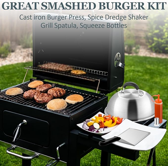 Leonyo Smashed Burger Kit, 9" Cheese Melting Dome, 7" Burger Press, Griddle Spatula, 2Pcs Squeeze Squirt Bottles, Spice Dredge Shaker, Griddle Accessories Kit for Flat Top Grill Cooking Indoor Outdoor