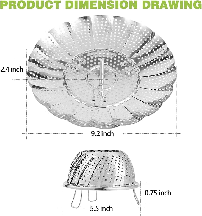 Vegetable Steamer Basket - Stainless Steel Folding Basket for Cooking, Vegetables, Fish, Pasta, Eggs, Fit Various Size Pot (5.5 inches to 9.2 inches)