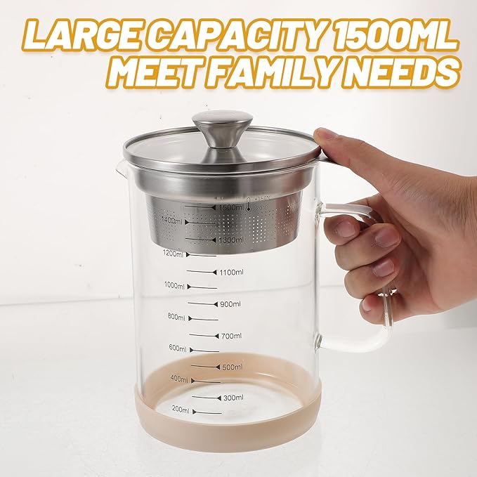Kichvoe Glass Pitcher: Food Strainer Soy Milk Filter Teapot With Fine Mesh Filter And Lid For Milk Juice Water Tea Beverages- 1500 Ml
