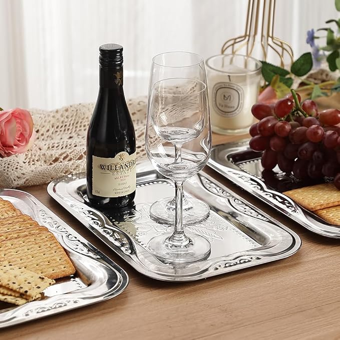4-Pack Small Silver Serving Trays Set - ZENOVLUX Lightweight Bow Floral Engraved Mirror Decorative Tray, 11.4" x 7" Party Platters for Valentine's Day, Food, Appetizer, Charcuterie, Cookies, Desserts