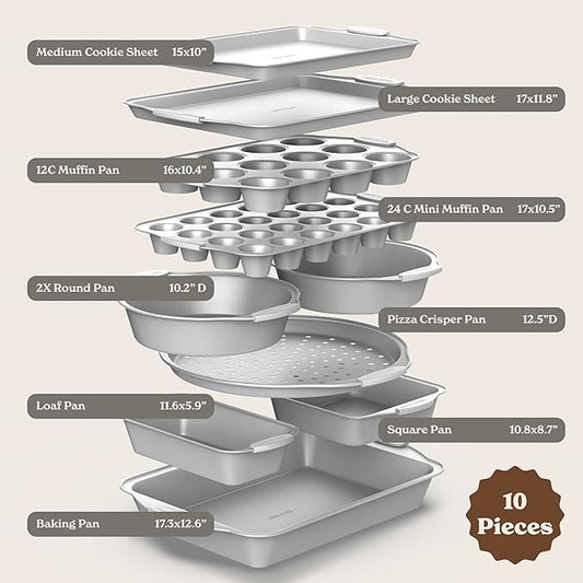 Country Kitchen Nonstick Stackable Bakeware Set - Heavy Duty, Durable, Easy Release Baking Set, Silver, 10 Pcs